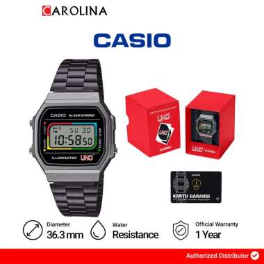 Jam Tangan Unisex Casio Vintage A168WEUC-1A UNO Collaboration Model Digital Dial Black Stainless Ste