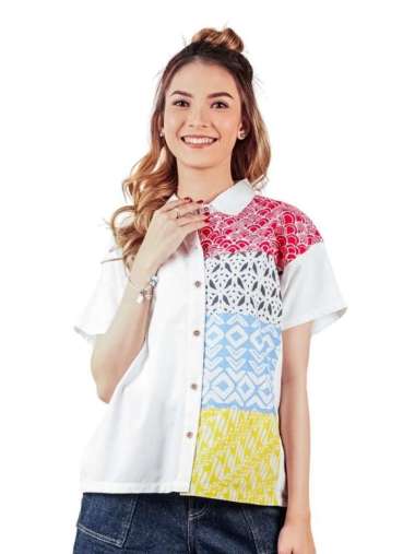 Kemeja Wanita - Bhatara Batik Modest 5506B White Red - L-XL S-M