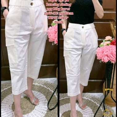 6124 Celana Cargo Jumbo 7/8 Katun Wanita Korean Style/Celana Cargo 7/8 Wanita Katun Jumbo putih