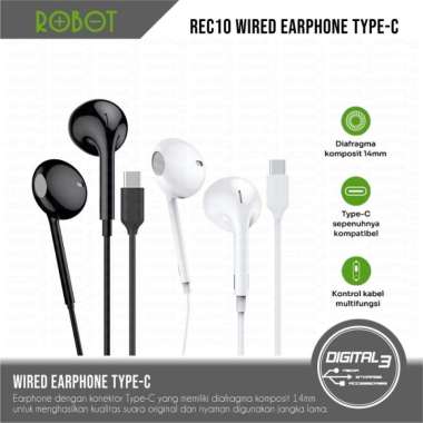 ROBOT REC10 Wired Earphone Headset Kabel Type-C with Kontrol Kabel Multifungsi HD Audio Putih