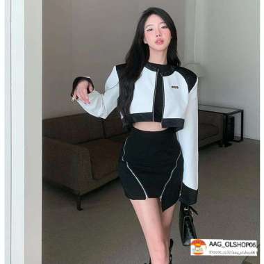 Jaket Kulit Crop Pocket Oversize Wanita/Y2K outfit jaket crop wanita Hitam-putih XXL