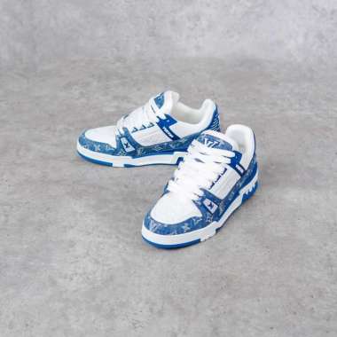 Sepatu LOUIS VUITTON LV TRAINER MONOGRAM BLUE WHITE SNEAKER 100% ORIGINAL 43