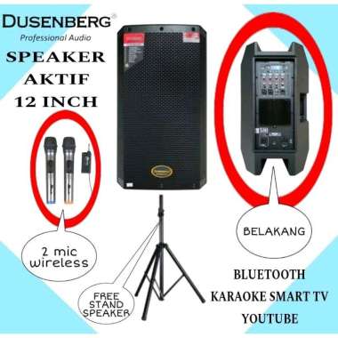 PAKET KARAOKE AKTIF DUSENBERG 12 INCH DAN 2 MIC WIRELESS KARAOKE SMART TV YOUTUBE DAPAT STAND SPEAKE