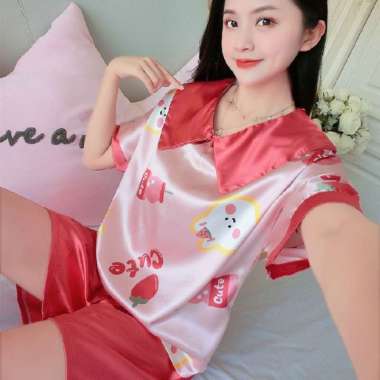 PP42 BAJU TIDUR WANITA PIYAMA WANITA SATIN MOTIF KARTUN BERUANG
