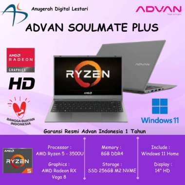 Advan Soulmate Plus AMD Ryzen 5 3500U 8GB 256GB NVME WIN 11 HOME 14"HD 8/256GB