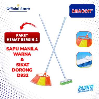 DRAGON Hemat Bersih 2 : Sapu Manila Warna + Sikat D932 Gagang Besi 110cm