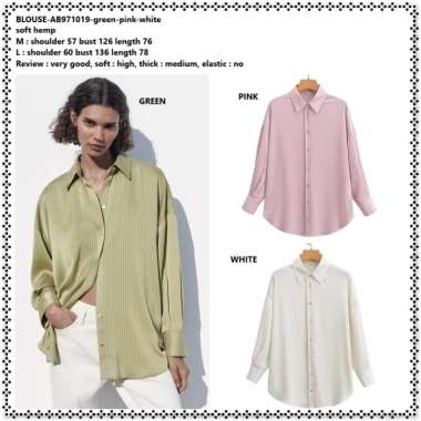 AB971019 Baju Atasan Kemeja Lengan Panjang Garis Salur Putih Hijau Pink White Green Wanita Korea Imp