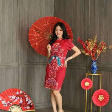 Dress Imlek Baju Imlek Cheongsam Wanita Dress Merah CNY Gambar 4 XL