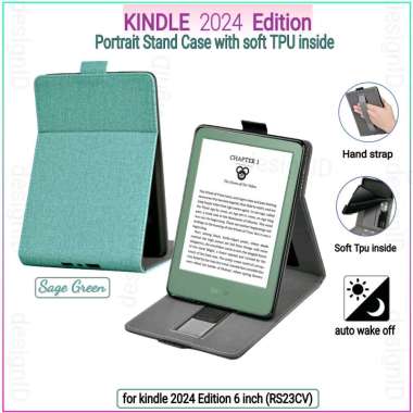 Kindle 2024 stand case with hand strap auto wake portrait cover soft casing basic RS23CV Sage Green