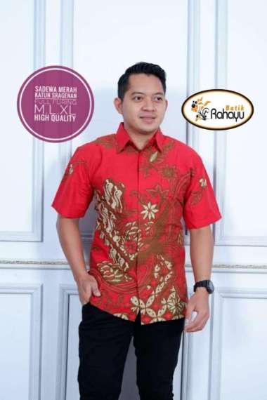 SADEWA MERAH Kemeja Batik Pria Lengan Pendek Kemeja Batik Warna Merah XL