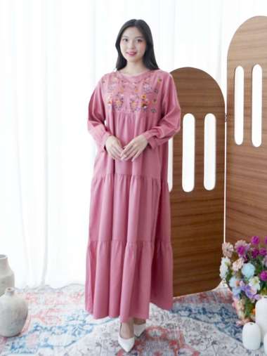 Nuboutique β Esmee Long Dress Rayon Panjang Lebaran Tunic Gamis Wanita Bordir Bunga Busui Friendly D