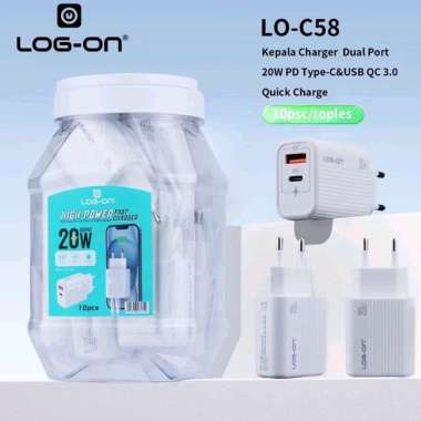 Log on kepala/batok charger 20w log on-c58 dual port pd 3.0+QC fast charger 1pcs