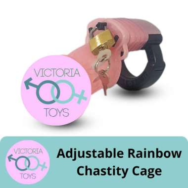 ADJUSTABLE RAINBOW CHASTITY CAGE LOCK A COCK Merah Muda