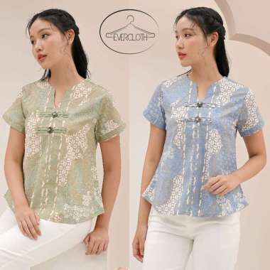 Evercloth Ica Atasan Batik Wanita Blouse Batik Perempuan Baju Blus Cewek Hitam Katun Stretch Seragam