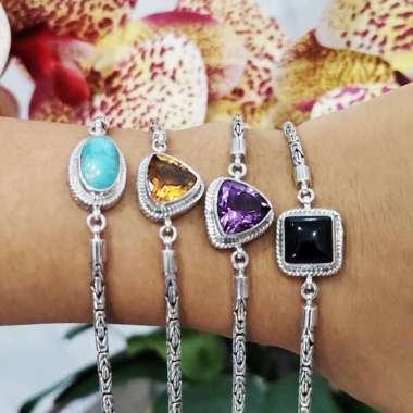 Gelang Wanita Perak Bali Asli Silver 925 Borobudur Batu Natural Asli 17 cm Citrine