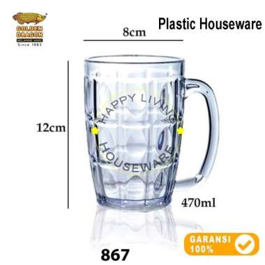 GOLDEN DRAGON 1pcs Gelas Plastik Jar Gagang 520ml Mug Resto Mug Cafe 520ml Putih Bening 867 470ml