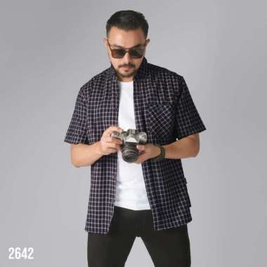 DGM Kemeja Pria Flanel Pendek Premium Kotak Kotak Kemeja Flanel Navy Cream 2642 M