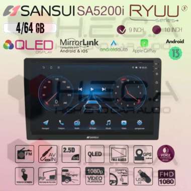 SANSUI RYUU QLED Gen3 4/64 GB Android G3 9" Inch SA-5200I Head Unit Tape TV Mobil Double din