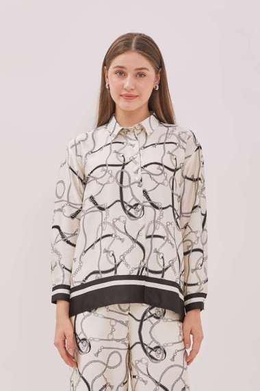 MINIMAL - Chaineste - Chain Print Satin Shirt - Beige M Beige