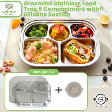 Kotak Makan Anak - Grosmimi Stainless Food Tray 5 Compartment W/ Silicone Suction Plate Inc Sanrio