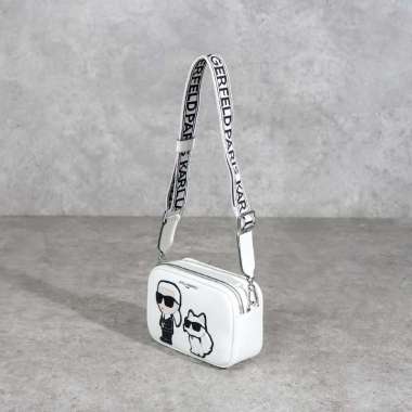 Tas KARL LAGERFELD ROUND DUO IKONIK CHOUPETTTE WHITE LEATHER CAMERA BAG 100% ORIGINAL 21X7X14CM