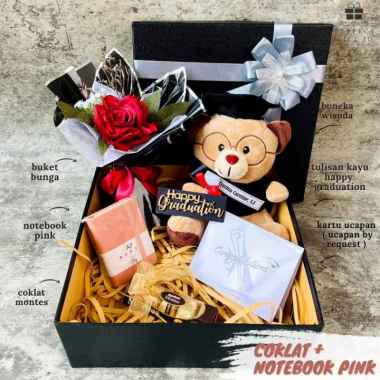 Kado Wisuda Hampers Wisuda Graduation Gift Buket Bunga Wisuda cklt+notbokpink Hitam