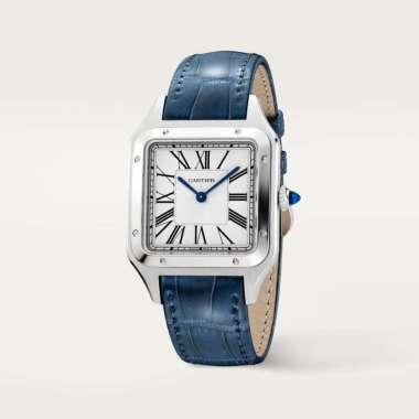 Cartier Santos Dumont Large Silver Dial Croco Embossed Leather Strap Blue WSSA0085 Authentic