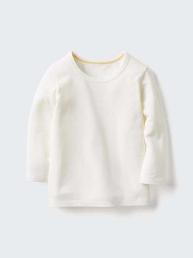 UNIQLO BABY HEATTECH Long John Bayi Cotton T-Shirt Katun Kerah Bulat Crew Neck Lengan Panjang OFF WH
