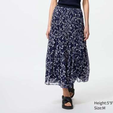 UNIQLO Rok Panel Sifon Chiffon Tiered Skirt wanita motif navy L