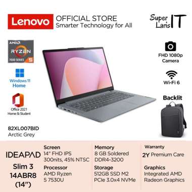Laptop Lenovo IdeaPad Slim 3 14ABR8 7BID AMD R5 Ryzen 5 7530U ram 8GB ssd 512GB 14" FHD IPS Windows 