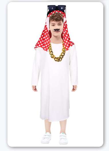 H200 Jubah Cosplay Halloween Kostum Arab Lucu Pria dengan Sorban Polkadot Kalung Emas dan Kacamata P