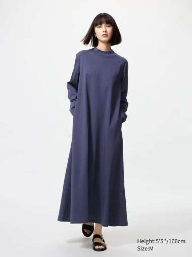 UNIQLO AIRism Cotton Flare Dress Gaun Katun wanita Lengan Panjang BLUE S