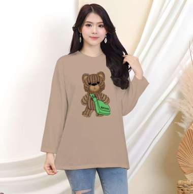 Kaos Oblong Oversize Lengan Panjang Wanita Bear Tas Hijau L Hijau Botol