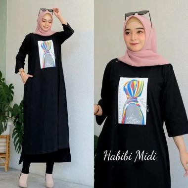 JESLA FASHION HABIBI MIDI DRESS BAHAN KAOS KATUN COMBED 24s APLIKASI SABLON MIDI DRESS MUSLIM MIDI D