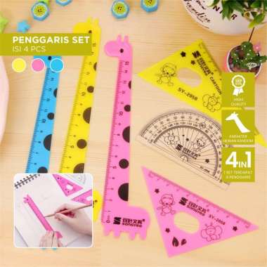 OEM ONE-A66 Penggaris Plastik 15cm Set Isi 4 Alat Tulis Sekolah Kantor Karakter Motif Jerapah / Peng