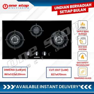 [GARANSI RESMI] MODENA BH 1935 CRISTA Kompor Gas Tanam 90cm 3 Tungku Hitam