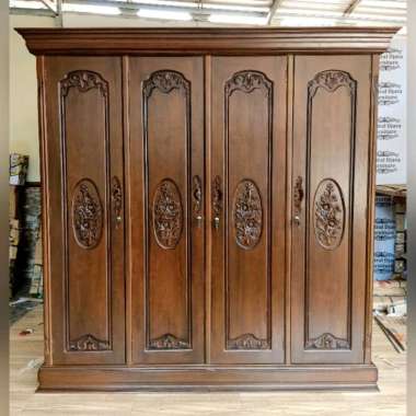 Lemari Pakaian Mawar 4 Pintu Kayu Jati Almari Minimalis Ukir/Ukiran -- Multicolor