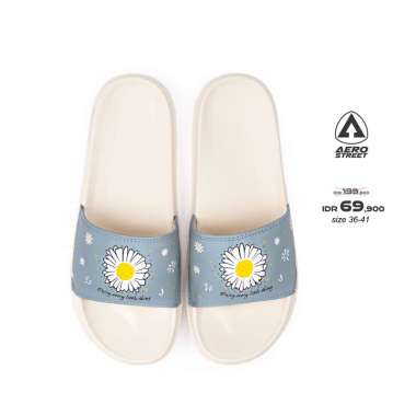 Aerostreet 36-41 Flower Natural Biru - Sandal Sendal Selop Slip On Casual Pria Wanita Aero street BA