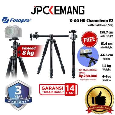 JPC KEMANG Fotopro X-GO HR Chameleon E2 Flatlay Tripod with Ball Head FPH-55Q Alumunium Tripod Monop