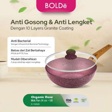 Organic Rose Wok Pan 24cm Glass Lid - Pan Anti Lengket Granite Coating