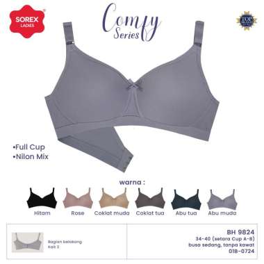 Sorex Comfy Bra Tanpa Kawat Busa Kait 3 Cup A-B Full Cup Nilon BH 9824 Bra harian Hitam 36