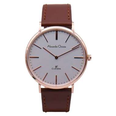 Jam Tangan Pria Alexandre Christie Classic Steel AC 8490 MH LRGSL Man Sport White Dial Brown Leather