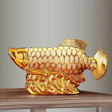 Patung Pajangan Ikan Arwana Hoki Keberuntungan Material Keramik Dekorasi Rak Lemari Lucky Fish Golde
