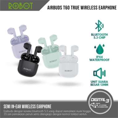 ROBOT Airbuds T60 TWS Earphone Wireless Headset Bluetooth IPX4 Earbuds Hitam