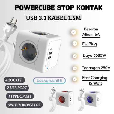 POWERCUBE STOP KONTAK LISTRIK SOCKET POWERCUBE USB 3.1 KABEL 1.5 Biru