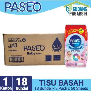 BUY 1 GET 1 FREE - Paseo Baby Wipes With Jojoba Oil [50 Sheets/ 18 x 2 Bundle/ Karton]