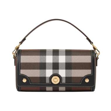 Burberry Check Canvas and Leather Top Handle Note Crossbody Bag Dark Birch Brown Brown