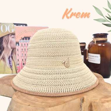 Topi Wanita Bucket Hat / Topi Cewe Rajut Nilon Bisa Dilipat Bagus Lucu Krem