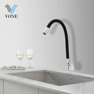 VONE Kran Cuci Piring Fleksibel Angsa Keran Sink Dapur Tanam Tembok Chrome Black Tembok 3219-66B