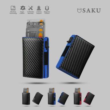 Dompet Pria Carbon Asli SAKU Smart Wallet Card Holder RFID Compact Single Blue